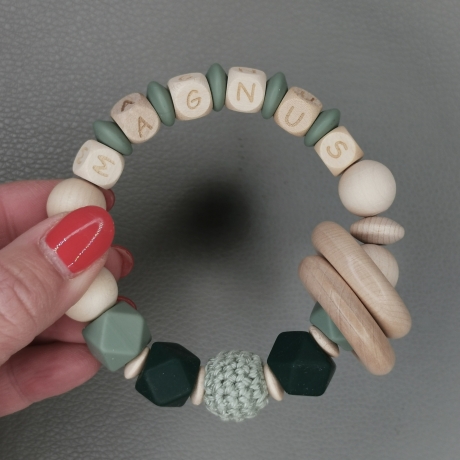 Baby Set Schnullerkette und Greifring  mit Namen des Kindes