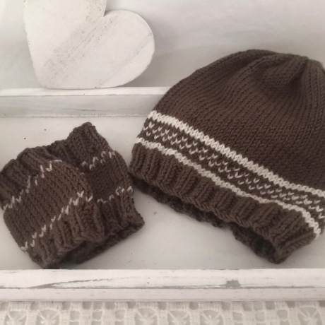 Set Babymütze Armstulpen gestrickt Erstlingsausstattung