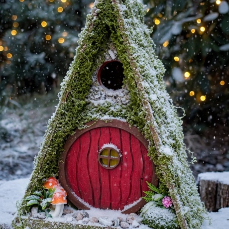 Rotes Hobbit Vogelhaus mit Moos & Pilzen - Nistkasten 32mm