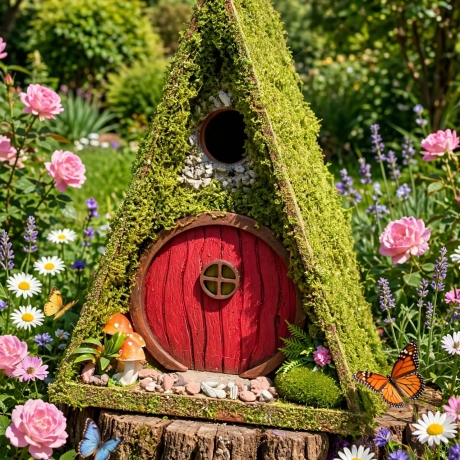 Rotes Hobbit Vogelhaus mit Moos & Pilzen - Nistkasten 32mm