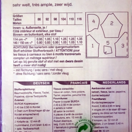 burda 3433 Kinderjacke mit Kapuze Gr. 86–116 Wendejacke