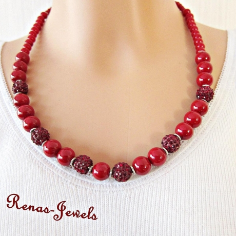 Statement Kette Collier rot Perlen Kette Shamballa Perlen