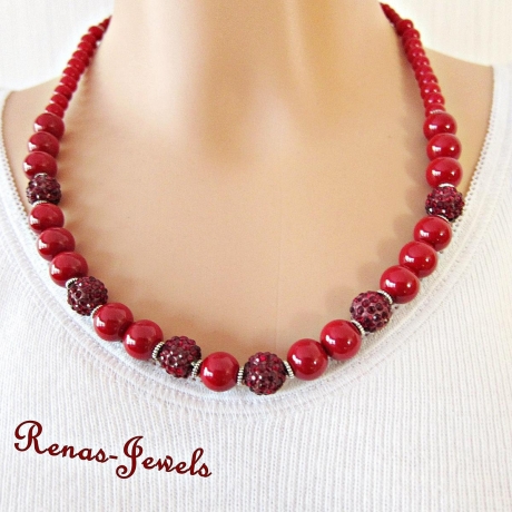 Collier rot Perlen Kette Shamballa Perlen