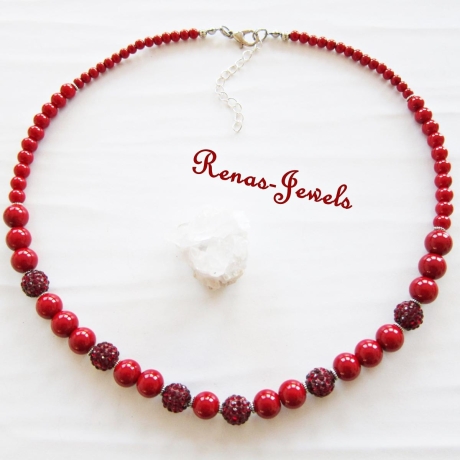 Collier rot Perlen Kette Shamballa Perlen