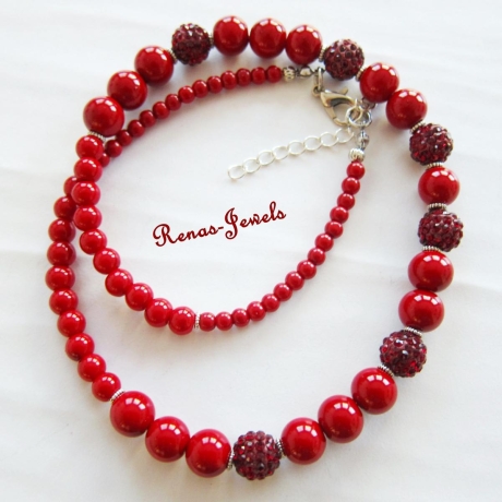 Collier rot Perlen Kette Shamballa Perlen