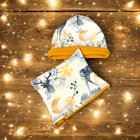 Mütze und Loop Set Kinder Hirsche Winter I Beanie Jersey Schal