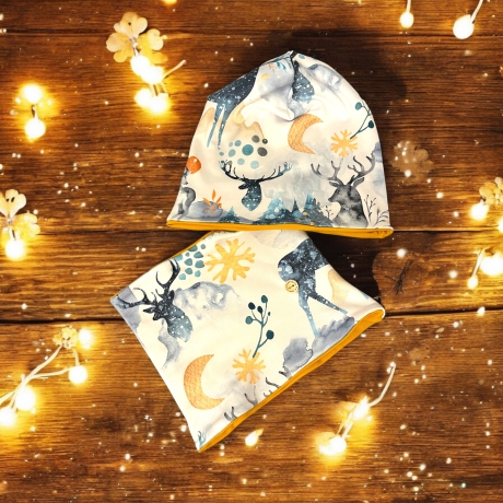 Mütze und Loop Set Kinder Hirsche Winter I Beanie Jersey Schal