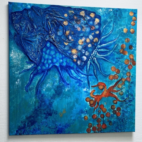 Gemälde under the sea Acryl handgemalt 80 x 80 cm blau Gold 