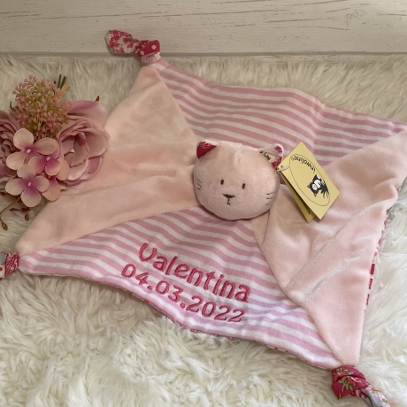 Schmusetuch Katze personalisiert, rosa, Geschenk zur Geburt