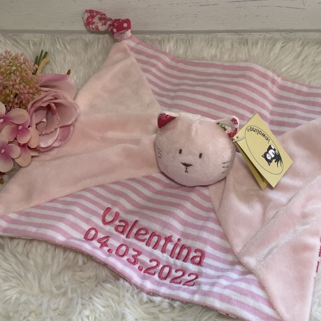 Schmusetuch Katze personalisiert, rosa, Geschenk zur Geburt