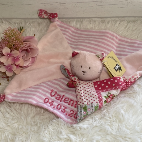 Schmusetuch Katze personalisiert, rosa, Geschenk zur Geburt
