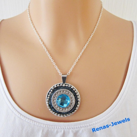 Kette kurz mit Anhänger türkis petrol silberfarben Upcycling