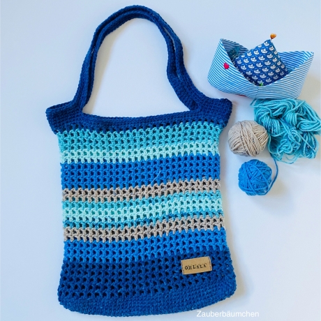 Häkeltasche Jutebeutel Einkaufsnetz handmade blau türkis Meer 