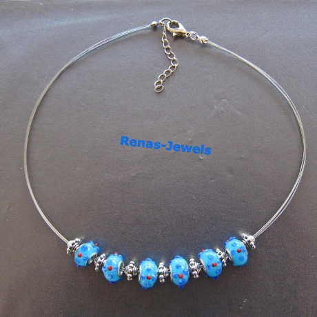 Glaskette Lampwork Perlen blau silberfarben Glasperlen Kette