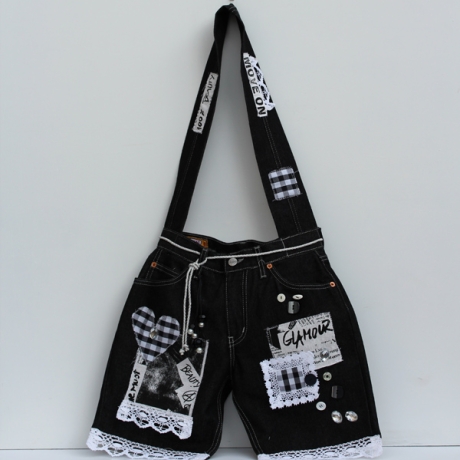 Black Denim Tasche mit Applikationen, Jeans Tasche in Schwarz