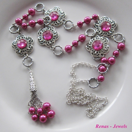 Bettelkette Kette lang pink silberfarben Perlen Quaste Anhänger