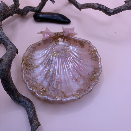 Handgemachte Seifenschale Muschel aus Epoxidharz  Rosa Gold Klar 