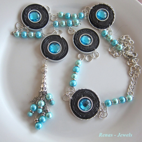Bettelkette Kette lang blau türkis silberfarben Quaste Upcycling