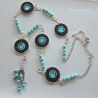 Bettelkette Kette lang blau türkis silberfarben Quaste Upcycling