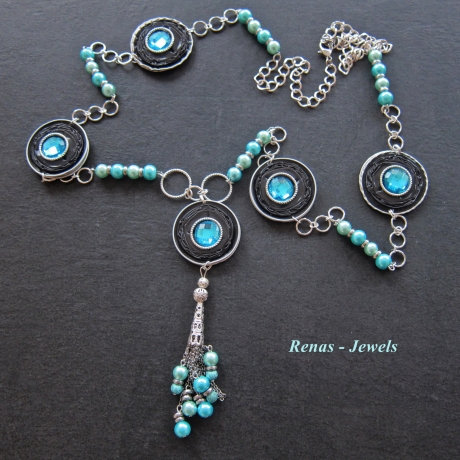 Bettelkette Kette lang blau türkis silberfarben Quaste Upcycling