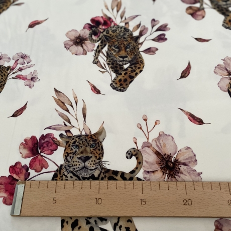 Meterware Jersey Stoff Baumwolljersey Kinder Blumen Leopard Leo