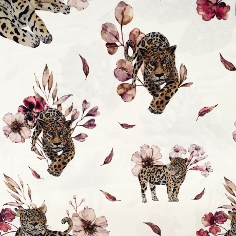 Meterware Jersey Stoff Baumwolljersey Kinder Blumen Leopard Leo