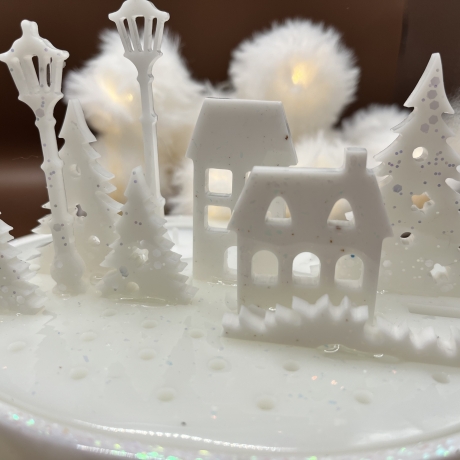 Teelichthalter Winterdorf Handmade Neu Resin Weiß glitzernd 