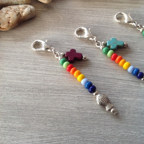 3er Set Charms mit Fisch und Kreuz / Bunt