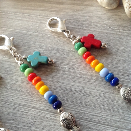 3er Set Charms mit Fisch und Kreuz / Bunt