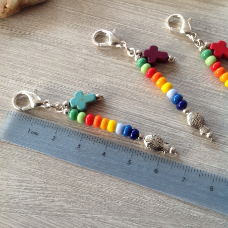 3er Set Charms mit Fisch und Kreuz / Bunt