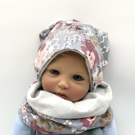 Baby Beanie Mütze Loop Schal Blümchen hellgrau lila rosa KU 46
