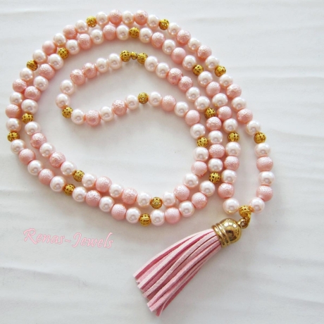 Bettelkette rosa goldfarbig Quaste Bohokette Perlen Kette