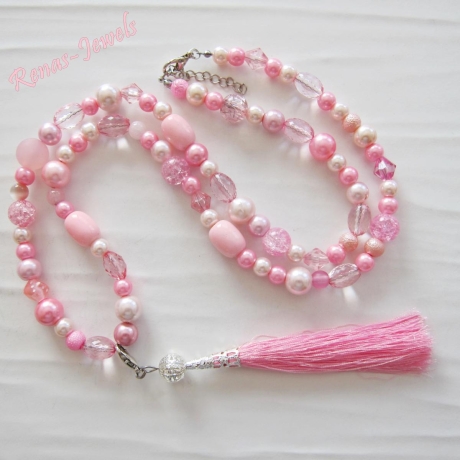 Bettelkette rosa Perlenkette Quaste Bohokette Perlen Kette