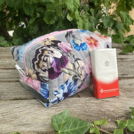 Kulturbeutel  | Boxy Bag gesteppt | Blumen Grau | Kosmetik Gr. XL