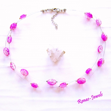 Glaskette pink Perlen Glas Kette kurz zweireihig Perlenkette