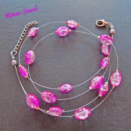 Glaskette pink Perlen Glas Kette kurz zweireihig Perlenkette
