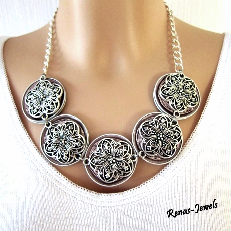 Statementkette Kette kurz Collier rosa silberfarben Upcycling