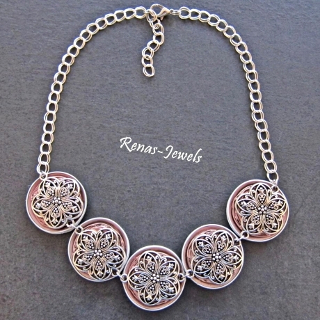 Statementkette Kette kurz Collier rosa silberfarben Upcycling