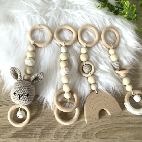 Spielbogen Anhänger Baby Set 4 Stück Hase Regenbogen Holzringe 