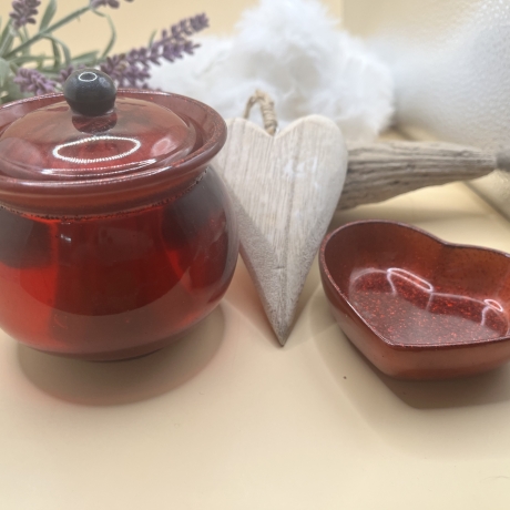 Dose mit Deckel und kleiner Herzschale Resin Rot und Glitzer Neu 