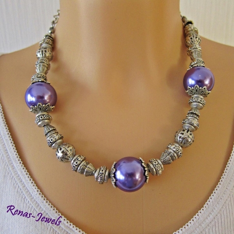 Statement Kette Collier Perlenkette lila silberfarben