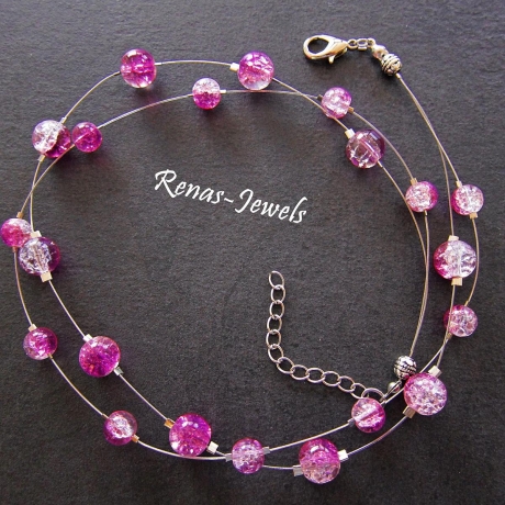 Glaskette pink Glasperlen Kette kurz zweireihig Perlenkette