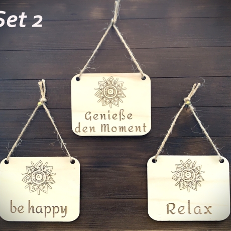 Gute-Laune-Holzschilder (3er Set) mit der Blume des Lebens