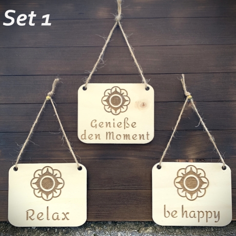 Gute-Laune-Holzschilder (3er Set) mit der Blume des Lebens