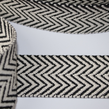 5m Gurtband Baumwolle 38 mm schräge Streifen schwarz / natur
