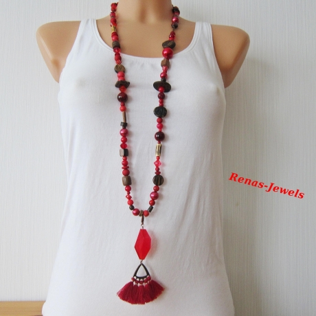 Bettelkette rot Perlenkette Quaste Anhänger Boho Hippie Kette