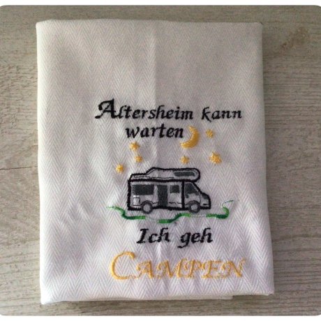 Geschirrtuch mit Spruch Camping Einzigartig - „Altersheim kann..“