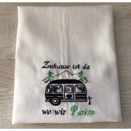 Geschirrtuch mit Spruch Camping Einzigartig - „Zuhause ist ….“