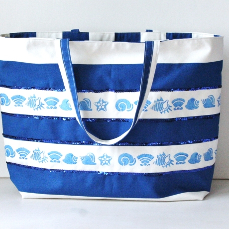 große Strandtasche -blau weiß gestreifte Badetasche Damen-maritim