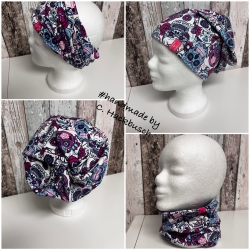 Beanie Mütze Stirnband Loop Totenkopf Schlapphut Zopf Beanie
